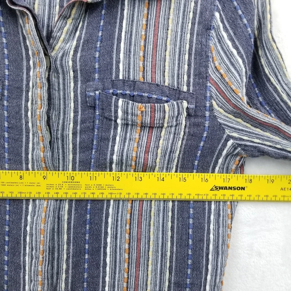 Serengeti Blouse Women M Blue‎ Striped Cotton Long Roll Sleeve Hippie Boho Slim